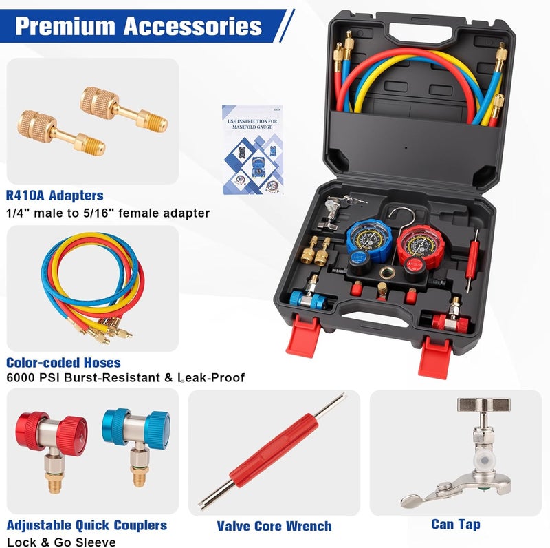 AJulyBee 3-Way Manifold Gauge Set, Automotive AC Recharge Kit for R134A/R410A/R1234YF/R22/R404A, Refrigerant Charging Tool for Car Freon Charging & Evacuation - Image 3